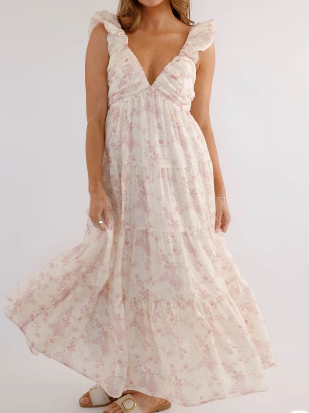 Mable Cream Maxi Dress with Pink Floral Print (bump friendly)